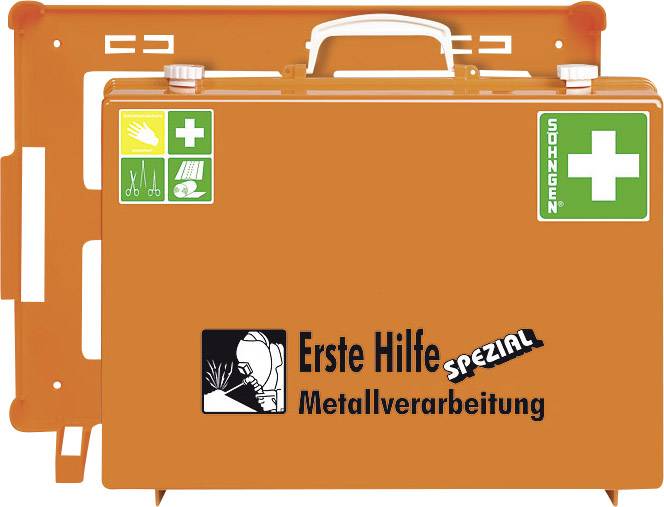 'Erste Hilfe Spezial Metallverarbeitung' auf einem orangefarbenen Erste-Hilfe-Kasten mit Hängevorrichtung und grünem Kreuzsymbol.