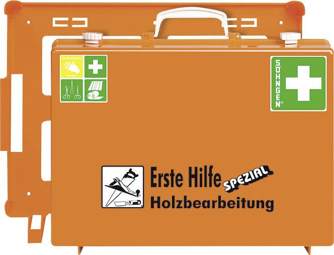 Ein orangefarbener Erste-Hilfe-Kasten mit der Aufschrift 'Erste Hilfe Spezial Holzbearbeitung' und grünen Gesundheits- und Sicherheitslogos.