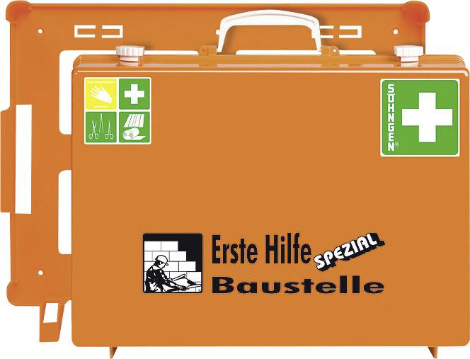 Orangefarbener Erste-Hilfe-Kasten mit der Aufschrift 'Erste Hilfe Spezial Baustelle' und Symbolen für Verbandsmaterial und Notfallausrüstung.
