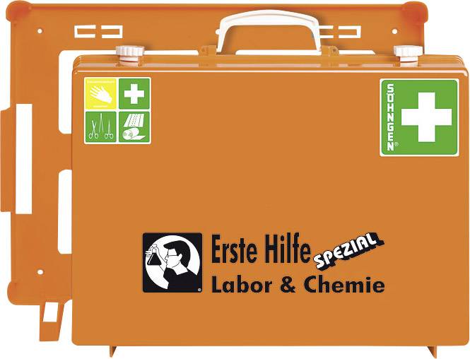 Orangefarbener Erste-Hilfe-Kasten für Labor und Chemie mit Handgriff, grünem Erste-Hilfe-Zeichen, und Symbolen für Augenspülung und Schere.