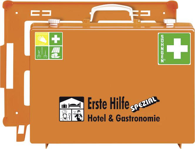 Orangefarbener Erste-Hilfe-Koffer, geeignet für Hotels und Gastronomie, mit Piktogrammen für Erste-Hilfe-Bedarf und Beschriftung 'Erste Hilfe Spezial'.