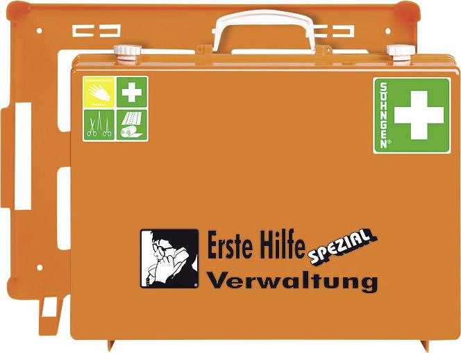 Orange Erste-Hilfe-Koffer mit weißen und grünen Erste-Hilfe-Symbolen, Text 'Erste Hilfe Verwaltung' und 'Spezial'.