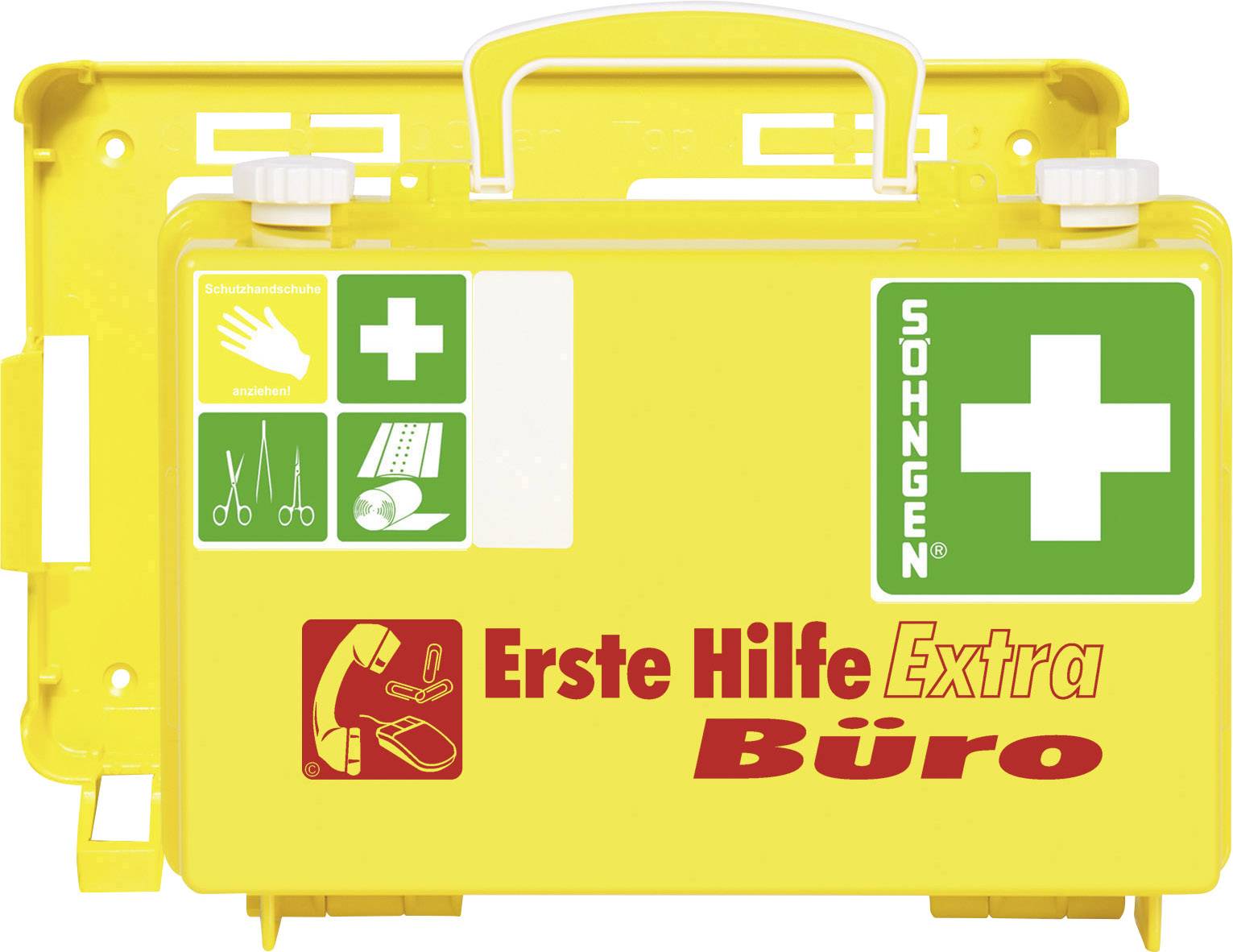 Gelber Erste-Hilfe-Kasten für das Büro. Aufkleber zeigen Schere, Verband, Pflaster und Notrufnummer-Symbol. Enthält medizinische Ausstattung.
