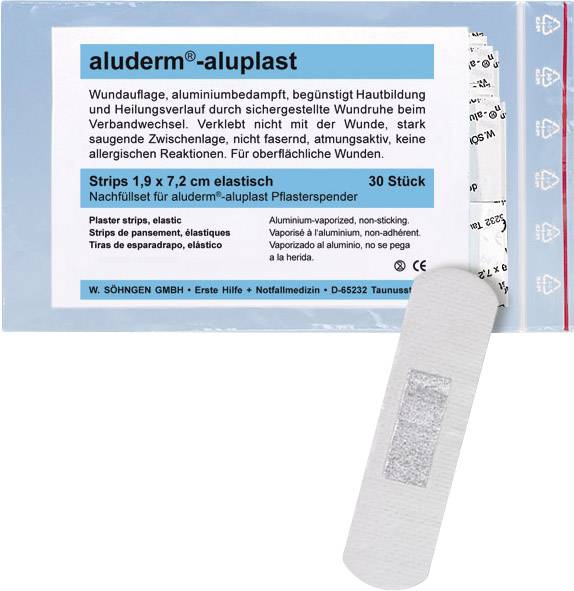 Pflasterstreifen 'aluderm-aluplast', Größe 1,9 x 7,2 cm, 30 Stück, in Verpackung. Fördert Hautheilung, reduziert Infektionsrisiko.