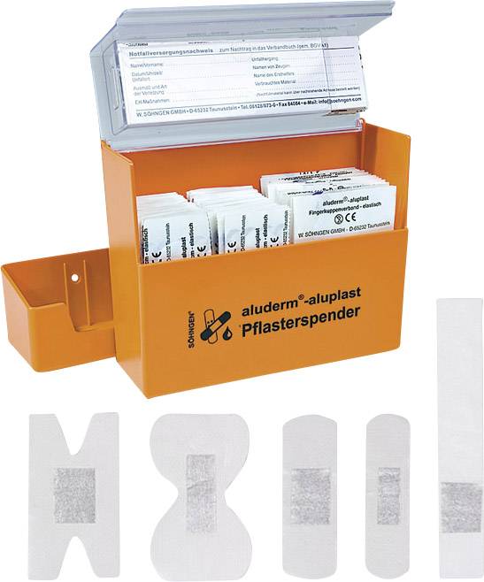 Ein orangefarbener Pflasterspender mit mehreren Pflastersorten, bereit zur Entnahme. Daneben einige Pflaster in unterschiedlichen Formen.