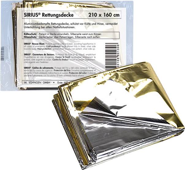 Aluminiumbeschichtete Rettungsdecke, 210 x 160 cm, schützt vor Kälte und Hitze in Notfällen.