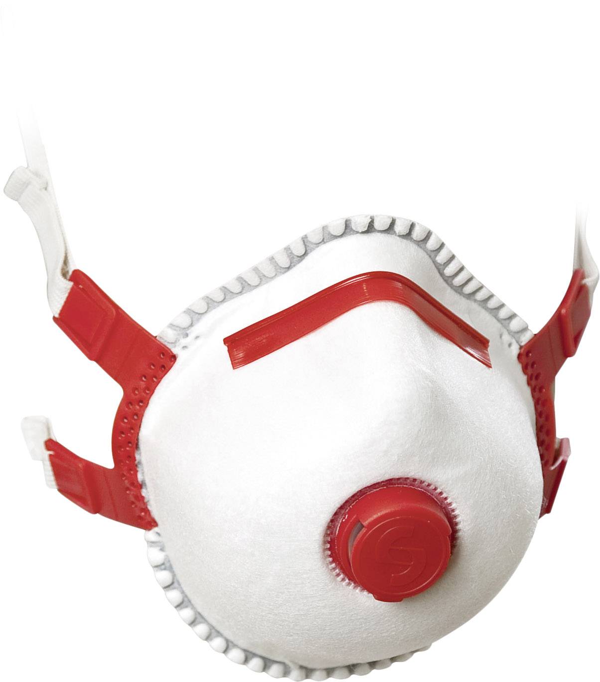 Atemschutzmaske mit roten Bändern und Ventil in der Mitte, geeignet für Schutz gegen Staub und feine Partikel.