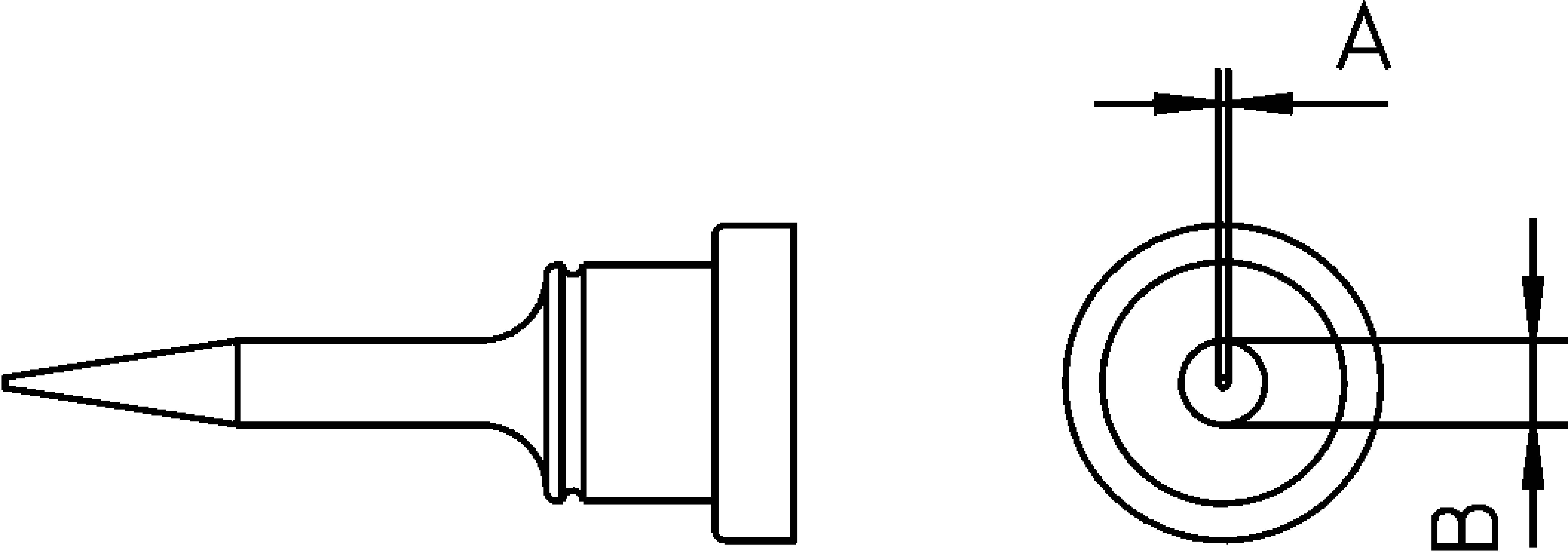 Technische Zeichnung eines Metallspitzenwerkzeugs mit Maßen. Seitenansicht und Draufsicht zeigen Länge (A) und Durchmesser (B).