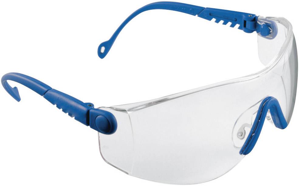 Eine Schutzbrille mit blauen Bügeln und klaren Gläsern, verwendet bei Arbeiten, die Augenschutz erfordern.