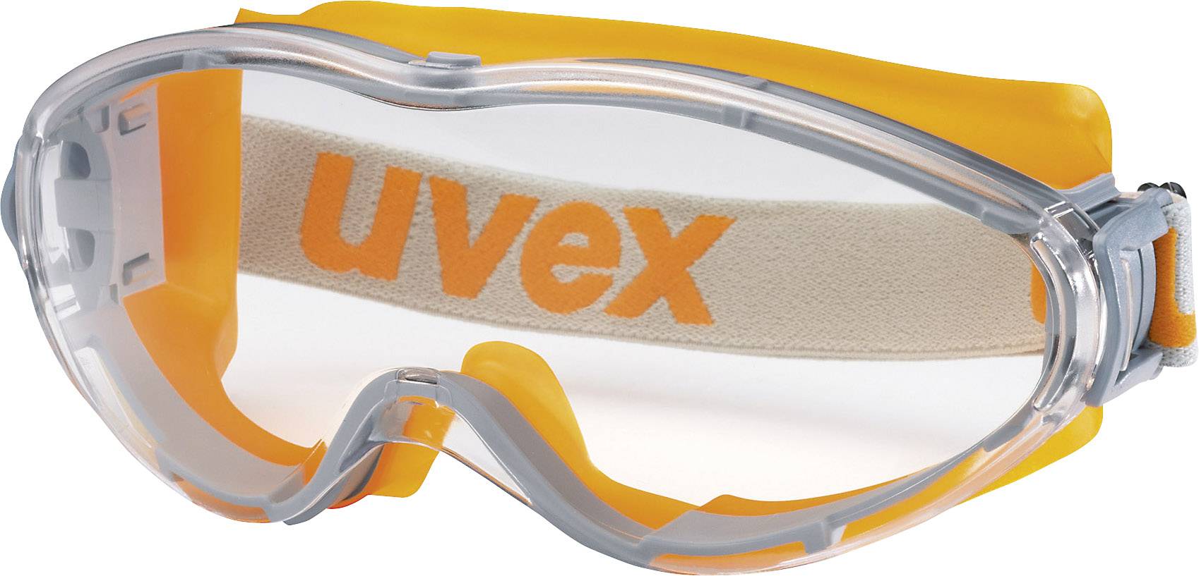 Schutzbrille mit orange-transparentem Rahmen, klarem Visier und elastischem Band. Geeignet für Augenschutz bei handwerklichen Arbeiten.