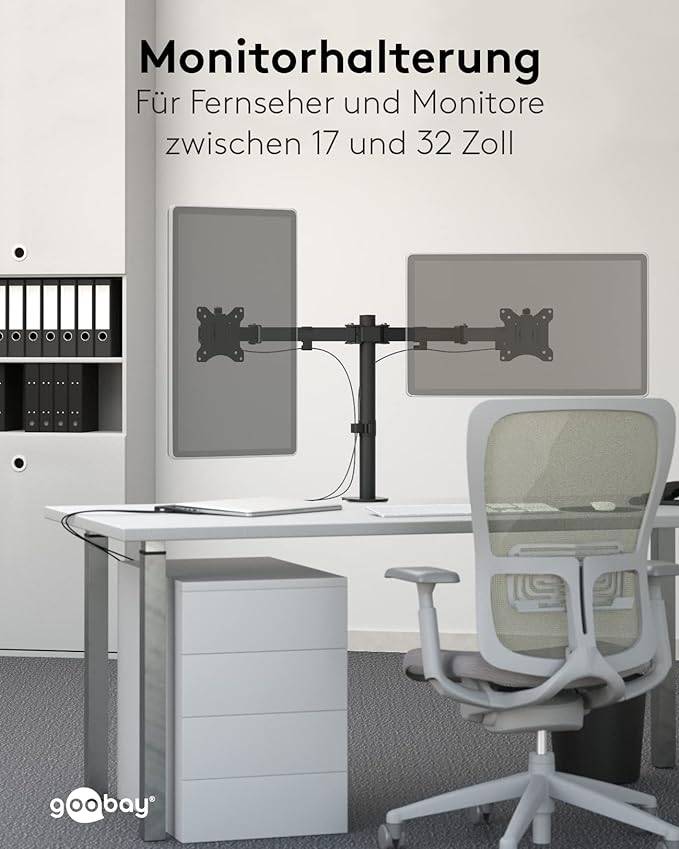Goobay 58529 Monitorhalterung 2 Monitore 43 cm (17") - 81 cm (32") Tischklemme Monitorarm rotier- & schwenkbar 8 kg