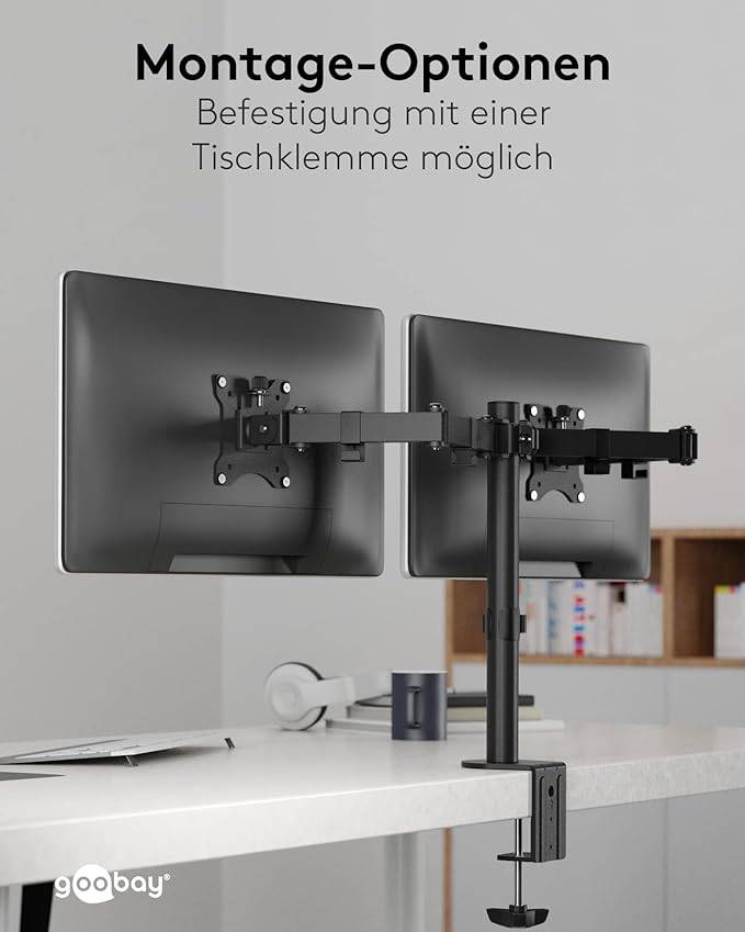 Goobay 58529 Monitorhalterung 2 Monitore 43 cm (17") - 81 cm (32") Tischklemme Monitorarm rotier- & schwenkbar 8 kg
