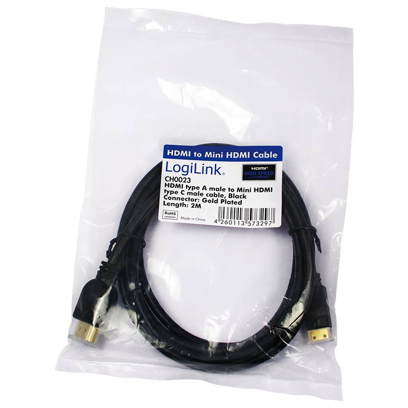 LogiLink HDMI Anschlusskabel HDMI-A Stecker, HDMI-Mini-C Stecker 2.00 m Schwarz CH0023 4K UHD HDMI-Kabel
