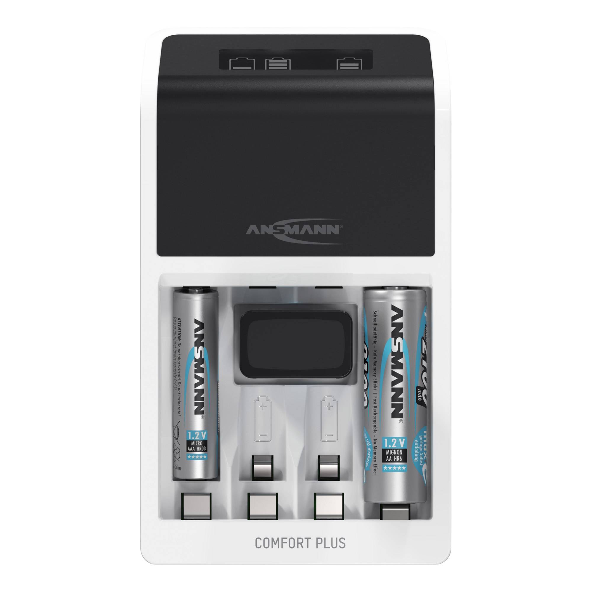 ANSMANN 1001-0094 Comfort Plus Schnell-Ladegerät für NiMH Akkus, AA, AAA und 9V