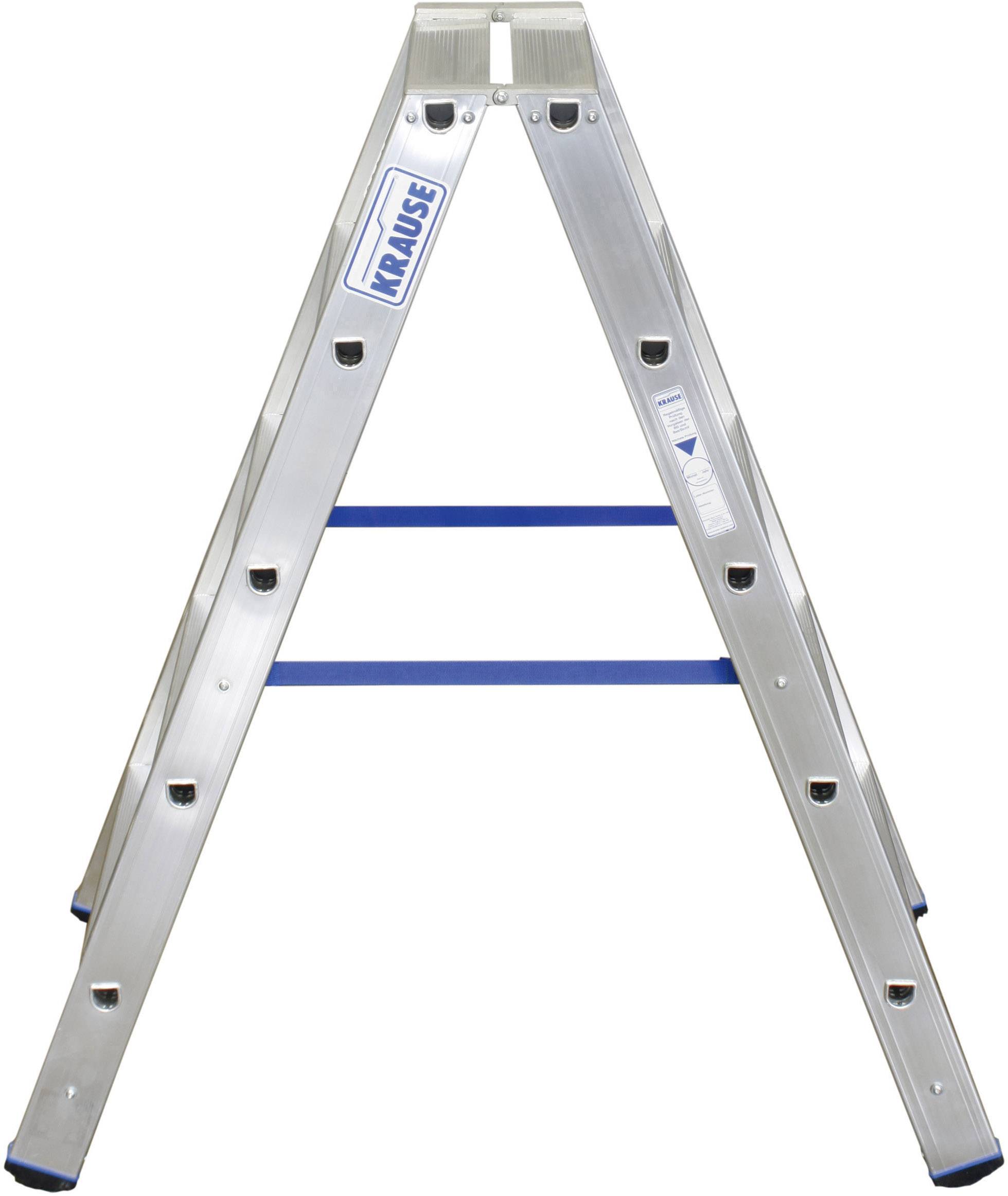 Aluminiumleiter in A-Form mit blauen Streben. Geeignet für Heimwerkerarbeiten und bietet Stabilität durch rutschfeste Sprossen.