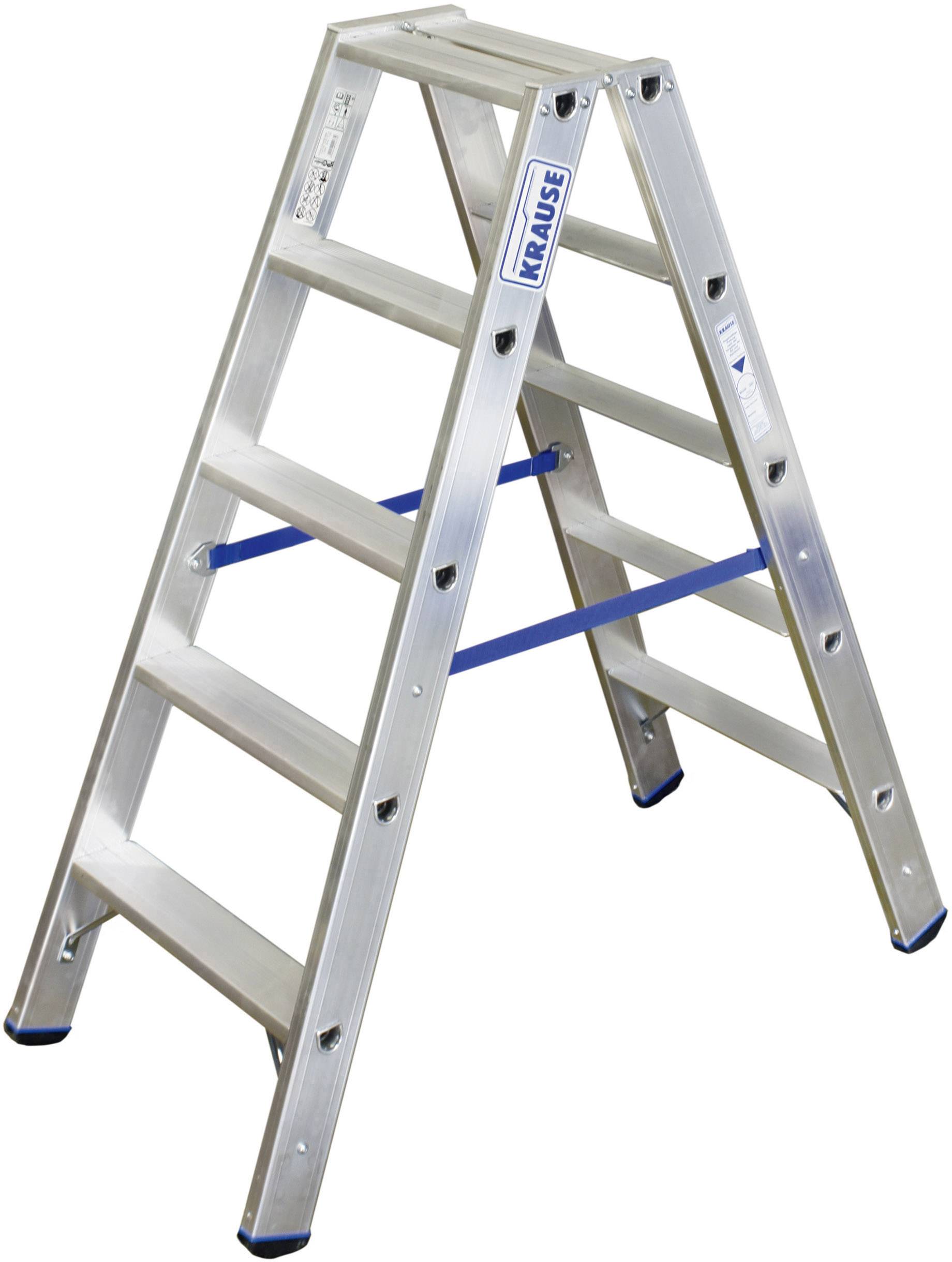 Leiter aus Aluminium mit fünf Stufen und blauen Sicherheitselementen, freistehend in A-Form.