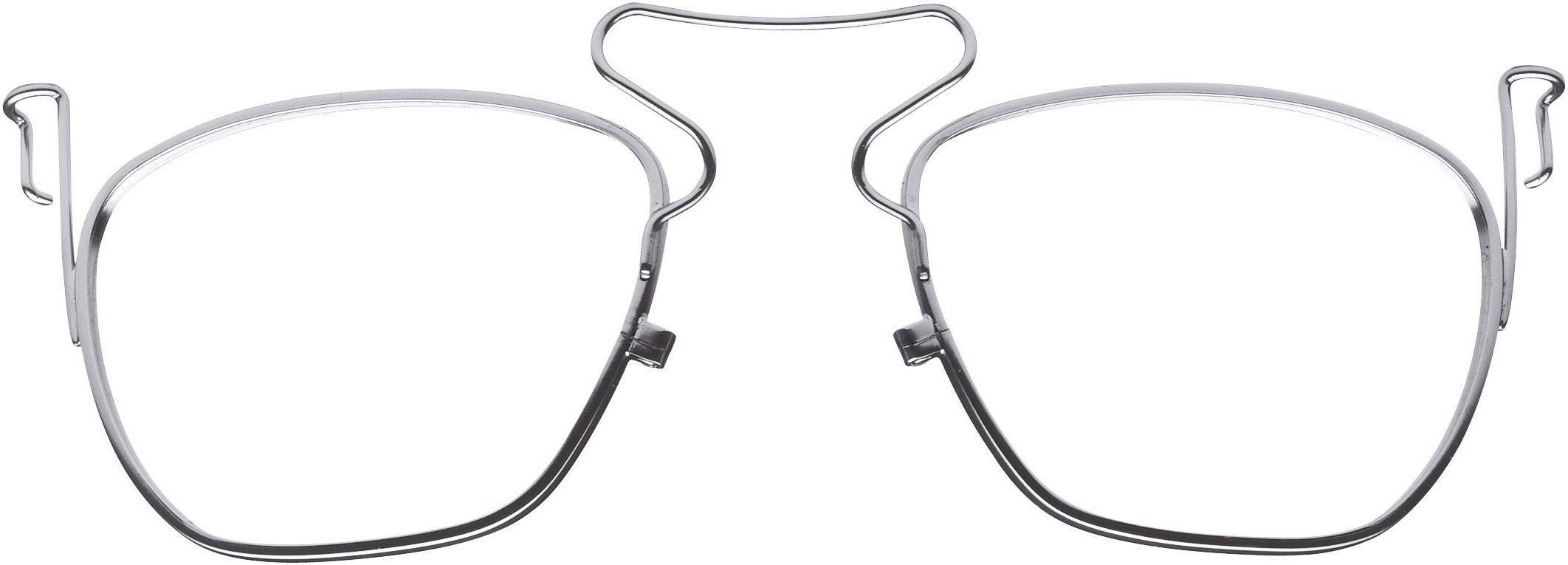 Silberne, randlose Brille mit klaren Gläsern und Nasenbügel.