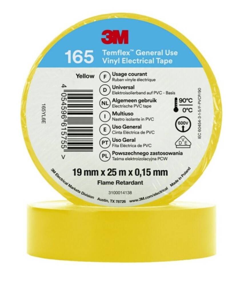 3M Temflex™ 165 165YL6E Isolierband Temflex™ 165 Gelb (L x B) 25 m x 19 mm 1 St.