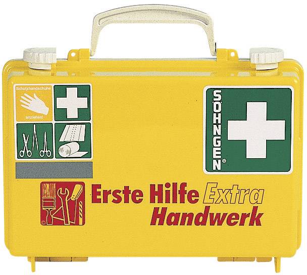Gelber Erste-Hilfe-Koffer mit roter Aufschrift 'Erste Hilfe Extra Handwerk'. Weiße Kreuze und Symbole für Schutzmaterialien.