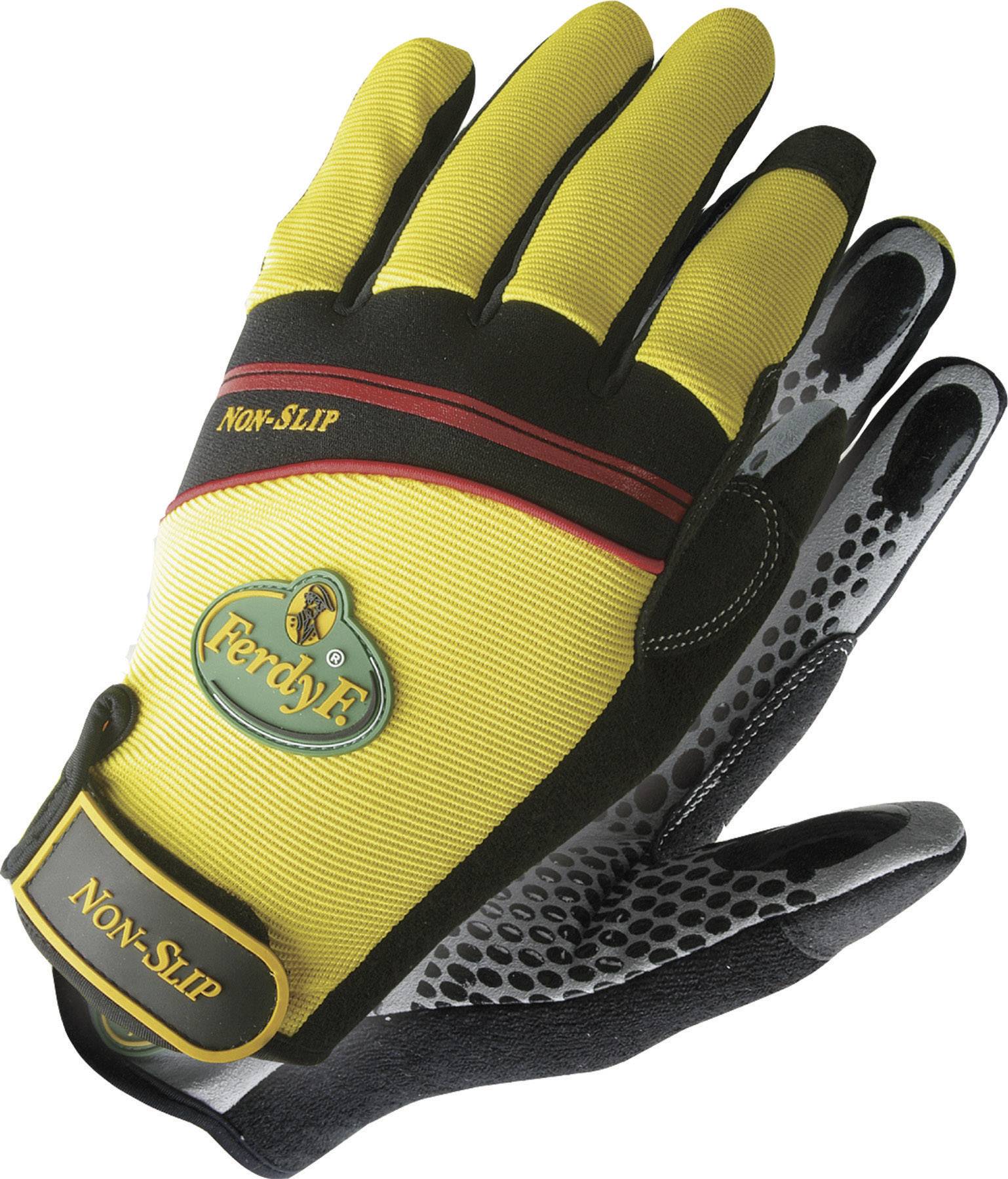 Gelber Arbeitshandschuh mit schwarzem und rotem Detail. Auf dem Handrücken steht 'Non-Slip' und das Logo 'FerdyF' ist sichtbar.