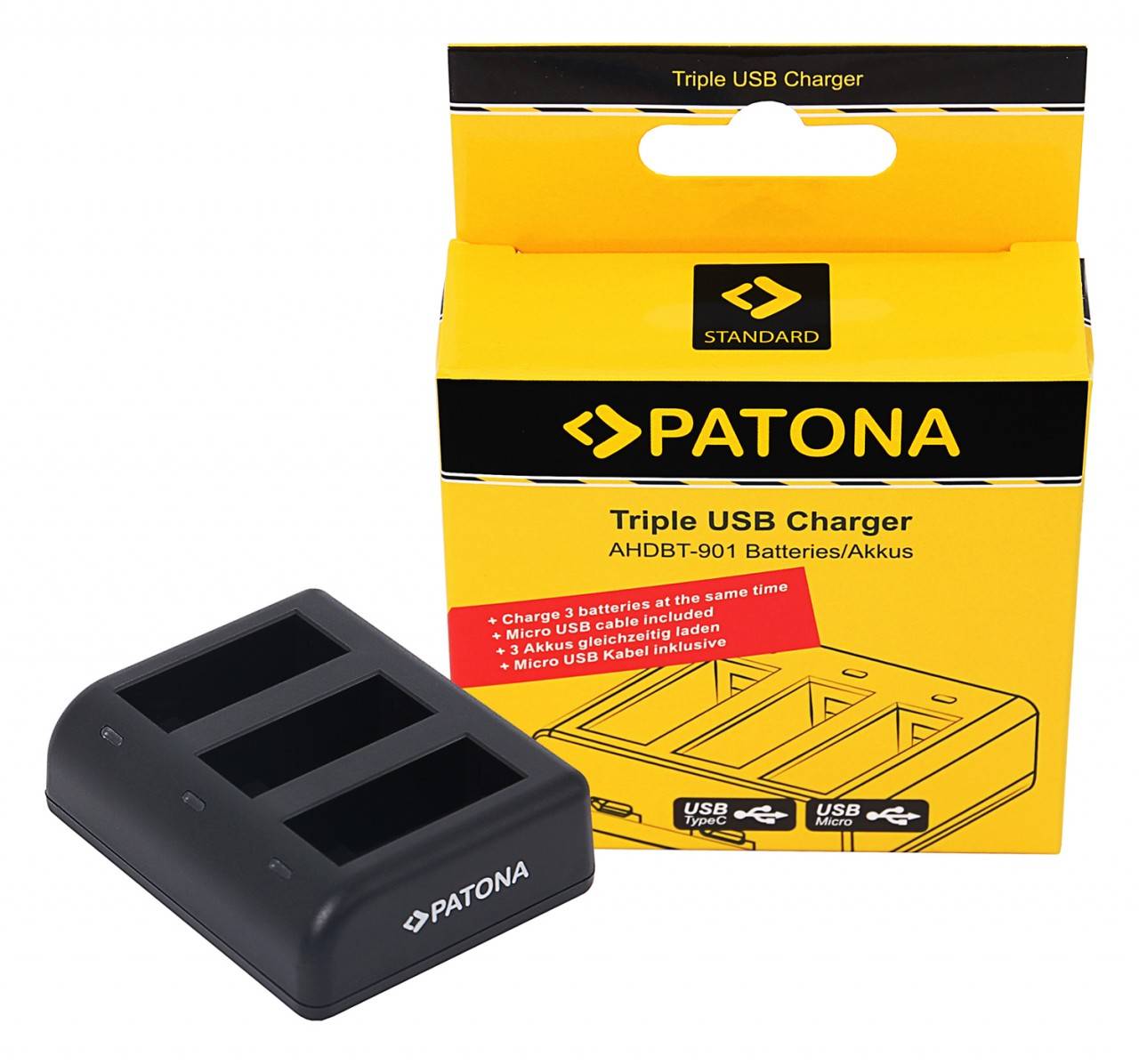 PATONA Tripple Ladegerät f. GoPro Hero 9 Hero 10 AHDBT901 ADBAT001 inkl. Micro USB Kabel