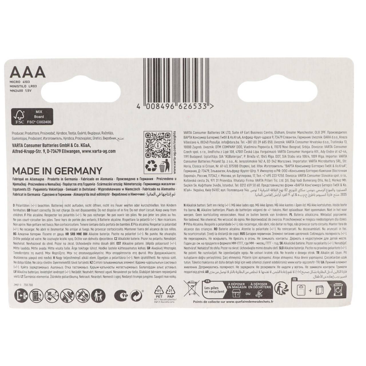 VARTA Batterie Energy Alkaline AAA Micro LR03 1.5V 1Bli=8Stk 4103229418