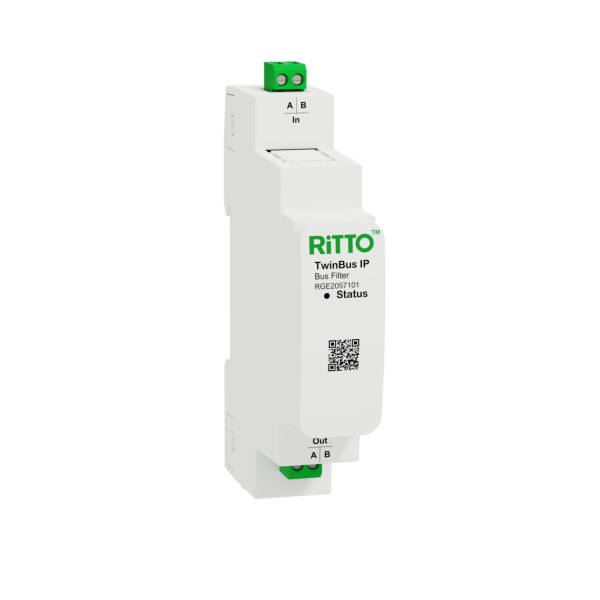 Ein weißes elektrisches Gerät mit der Aufschrift 'RiTTO TwinBus IP Bus Filter' zeigt Anschlüsse 'A', 'B' und 'Out'.