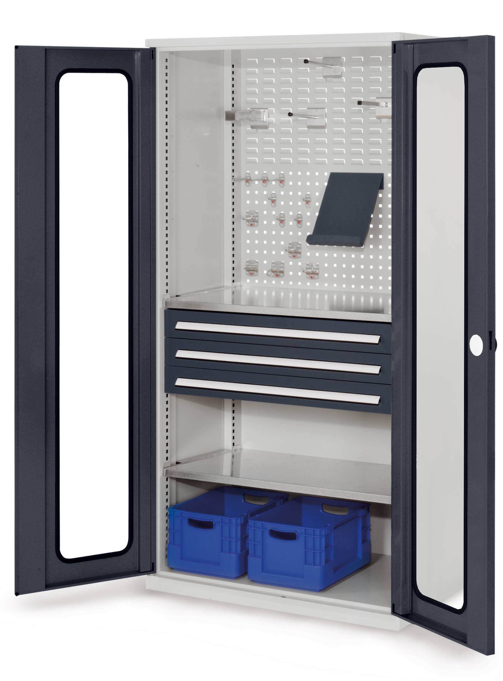 Werkzeugschrank, Türen mit Sichtfenster,BxTxH 1000x600x1950 mm, RAL 7016 mit 2 Fächern und 3 Sichttafeln