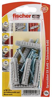 fischer Spreizdübel SX 8x40 S K hellgrau 10 Stueck mit Schraubemit Schraube