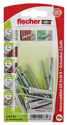 fischer Universaldübel UX 5x30 R S K hellgrau 10 Stueck mit Schraubemit Schraube