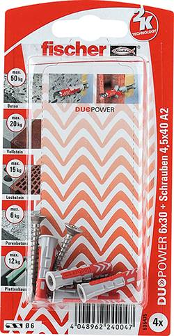 fischer DuoPower, Schrauben- & Dübelsatz, Mauerziegel, Beton, Gipsblock, Gipskarton, Nylon, Grau, Rot, 6 mm, 30 mm