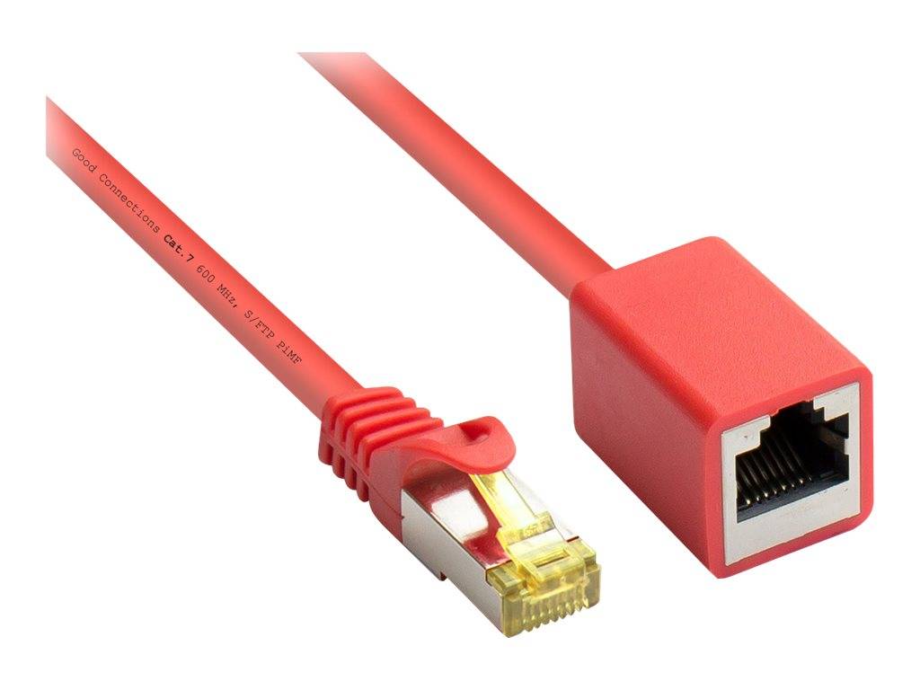Good Connections® RJ45 Patchkabelverlängerung mit Cat. 7 Rohkabel und Rastnasenschutz, S/FTP, 500MHz, rot, 1m