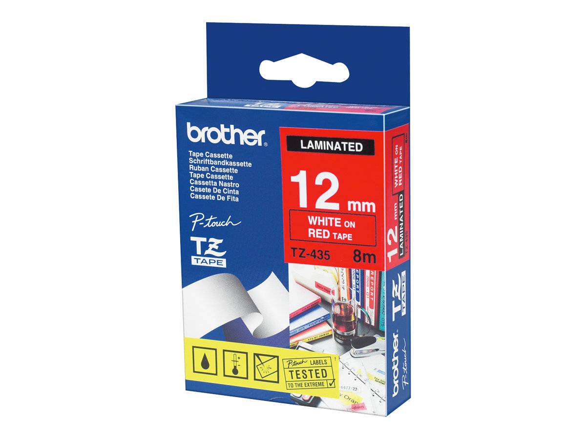 TZ435 - Weiß auf Rot - Rolle (1,2 cm x 8 m) laminiertes Band