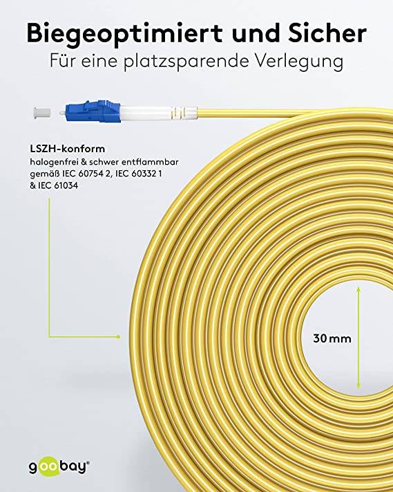 Goobay 59656 Glasfaserkabel FTTH Singlemode OS2 Simplex 100 Gbit/s SC-APC auf LC-UPC Patchkabel halogenfrei Gelb 30.00 m