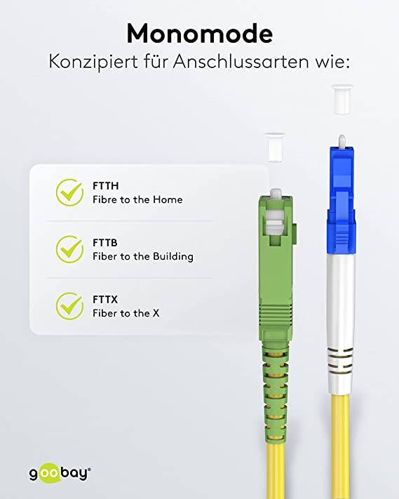 Goobay 59656 Glasfaserkabel FTTH Singlemode OS2 Simplex 100 Gbit/s SC-APC auf LC-UPC Patchkabel halogenfrei Gelb 30.00 m