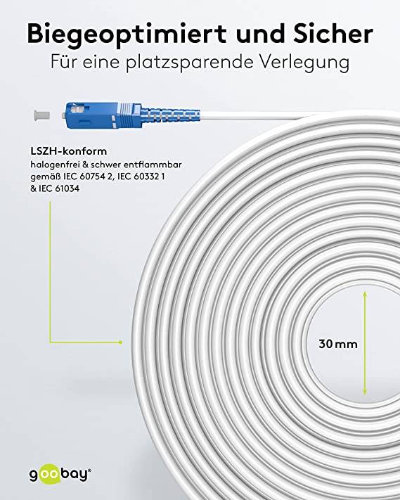 Goobay 59625 Glasfaserkabel FTTH Singlemode OS2 Simplex 100 Gbit/s SC-APC auf SC-UPC Patchkabel halogenfrei Weiß 25.00 m