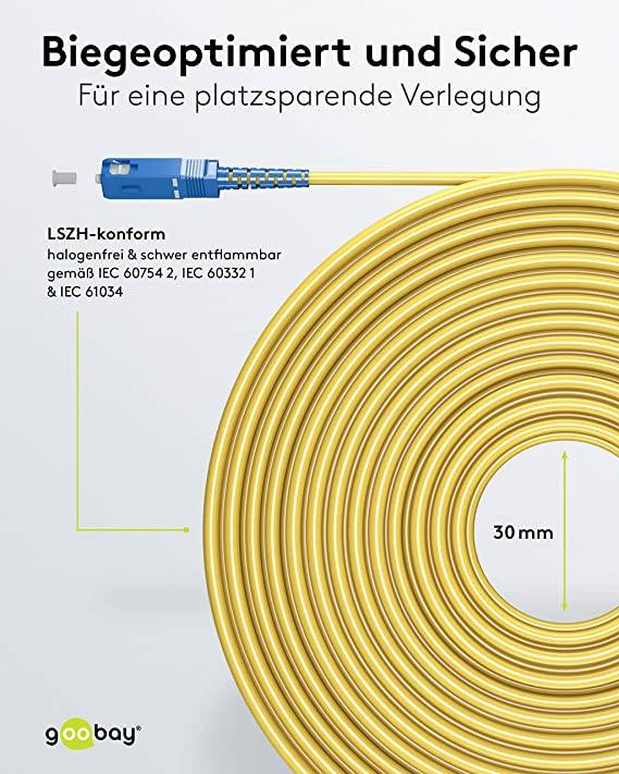 Goobay 59663 Glasfaserkabel FTTH Singlemode OS2 Simplex 100 Gbit/s SC-APC auf SC-UPC Patchkabel halogenfrei Gelb 15.00 m