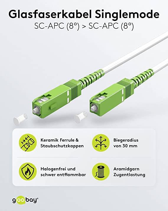 Goobay 59594 Glasfaserkabel FTTH Singlemode OS2 Simplex 100 Gbit/s SC-APC Patchkabel LWL Kabel halogenfrei Weiß, 1.00 m