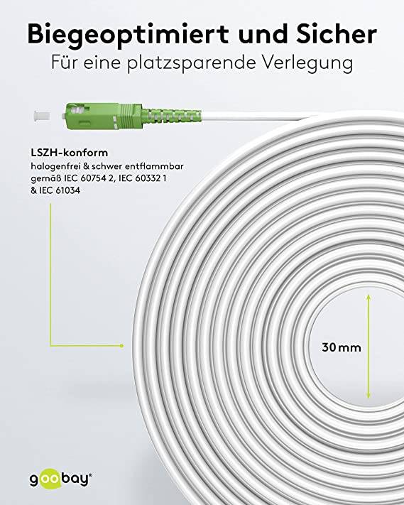 Goobay 59594 Glasfaserkabel FTTH Singlemode OS2 Simplex 100 Gbit/s SC-APC Patchkabel LWL Kabel halogenfrei Weiß, 1.00 m