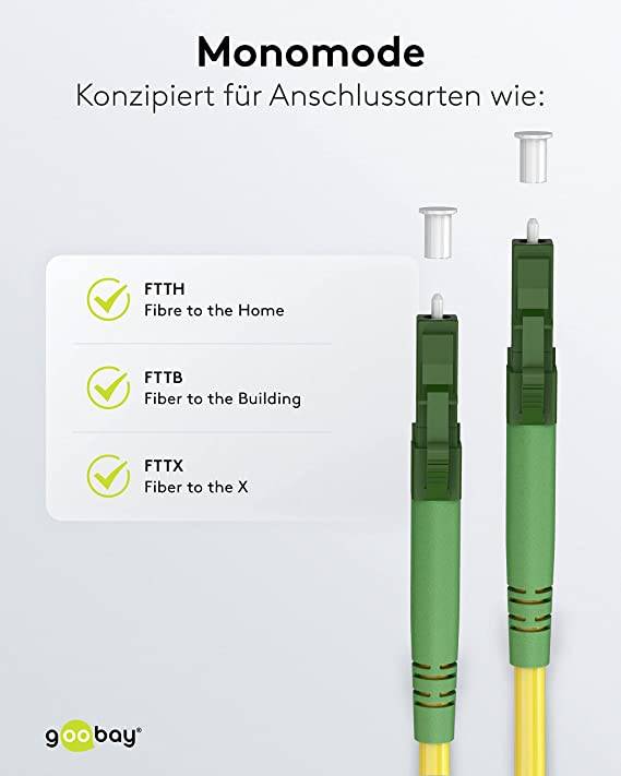 Goobay 59634 Glasfaserkabel FTTH Singlemode OS2 Simplex 100 Gbit/s LC-APC Patchkabel LWL Kabel halogenfrei Gelb, 20.00 m