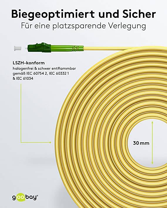 Goobay 59633 Glasfaserkabel FTTH Singlemode OS2 Simplex 100 Gbit/s LC-APC Patchkabel LWL Kabel halogenfrei Gelb, 15.00 m