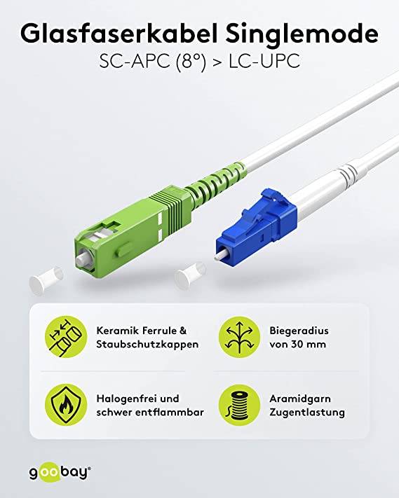 Goobay 59616 Glasfaserkabel FTTH Singlemode OS2 Simplex 100 Gbit/s SC-APC auf LC-UPC Patchkabel halogenfrei Weiß 30.00 m