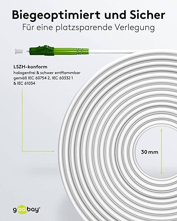 Goobay 59591 Glasfaserkabel FTTH Singlemode OS2 Simplex LC-APC 100 Gbit/s LWL Kabel Patchkabel halogenfrei Weiß, 25.00 m