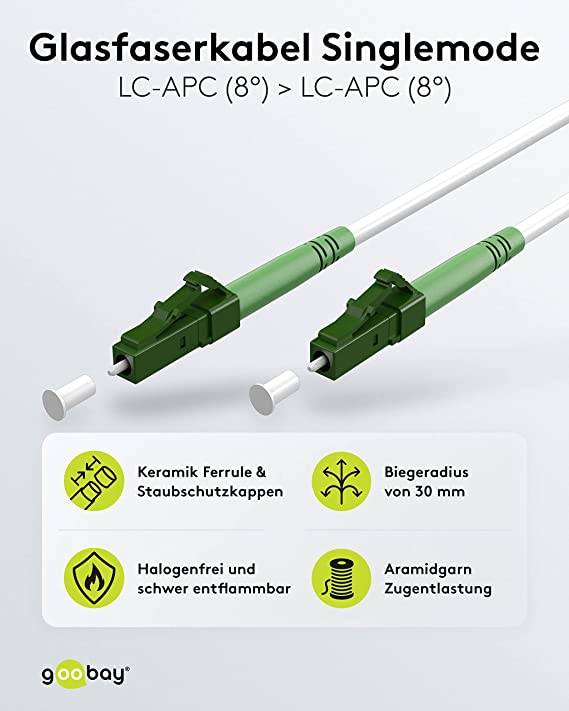Goobay 59592 Glasfaserkabel FTTH Singlemode OS2 Simplex LC-APC 100 Gbit/s LWL Kabel Patchkabel halogenfrei Weiß, 30.00 m