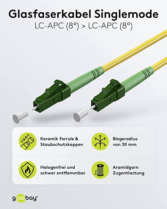 Goobay 59627 Glasfaserkabel FTTH Singlemode OS2 Simplex 100 Gbit/s LC-APC Patchkabel LWL Kabel halogenfrei Gelb, 0.50 m