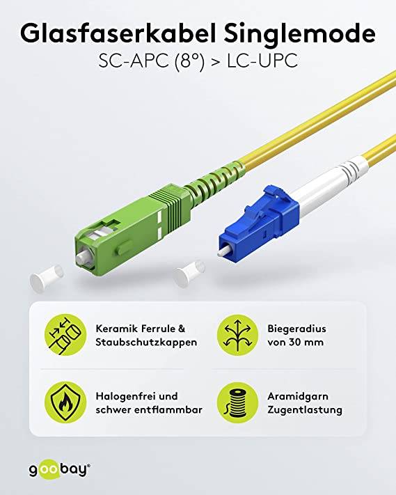 Goobay 59647 Glasfaserkabel FTTH Singlemode OS2 Simplex 100 Gbit/s SC-APC auf LC-UPC Patchkabel halogenfrei Gelb, 0.50 m