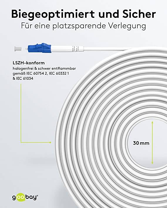 Goobay 59612 Glasfaserkabel FTTH Singlemode OS2 Simplex 100 Gbit/s SC-APC auf LC-UPC Patchkabel halogenfrei Weiß 10.00 m
