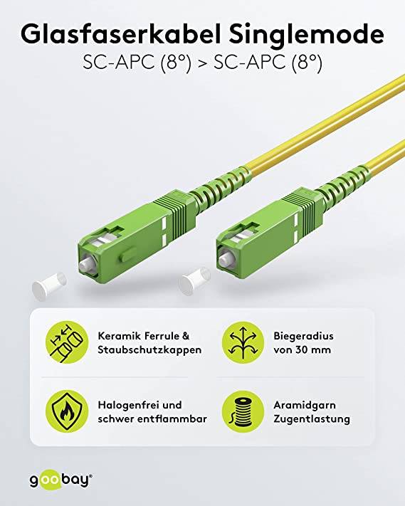 Goobay 59640 Glasfaserkabel FTTH Singlemode OS2 Simplex 100 Gbit/s SC-APC Patchkabel LWL Kabel halogenfrei Gelb, 3.00 m