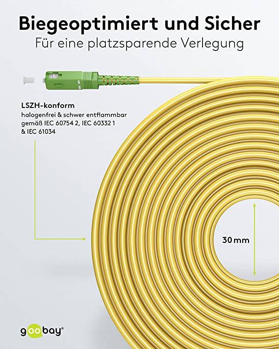 Goobay 59641 Glasfaserkabel FTTH Singlemode OS2 Simplex 100 Gbit/s SC-APC Patchkabel LWL Kabel halogenfrei Gelb, 5.00 m