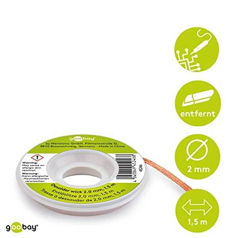 Goobay 45246 Entlötlitze 2.00 mm, reines Kupfer, Entlötdraht zur Entfernung von Lötzinn an Lötstellen, 1.5 m Spule